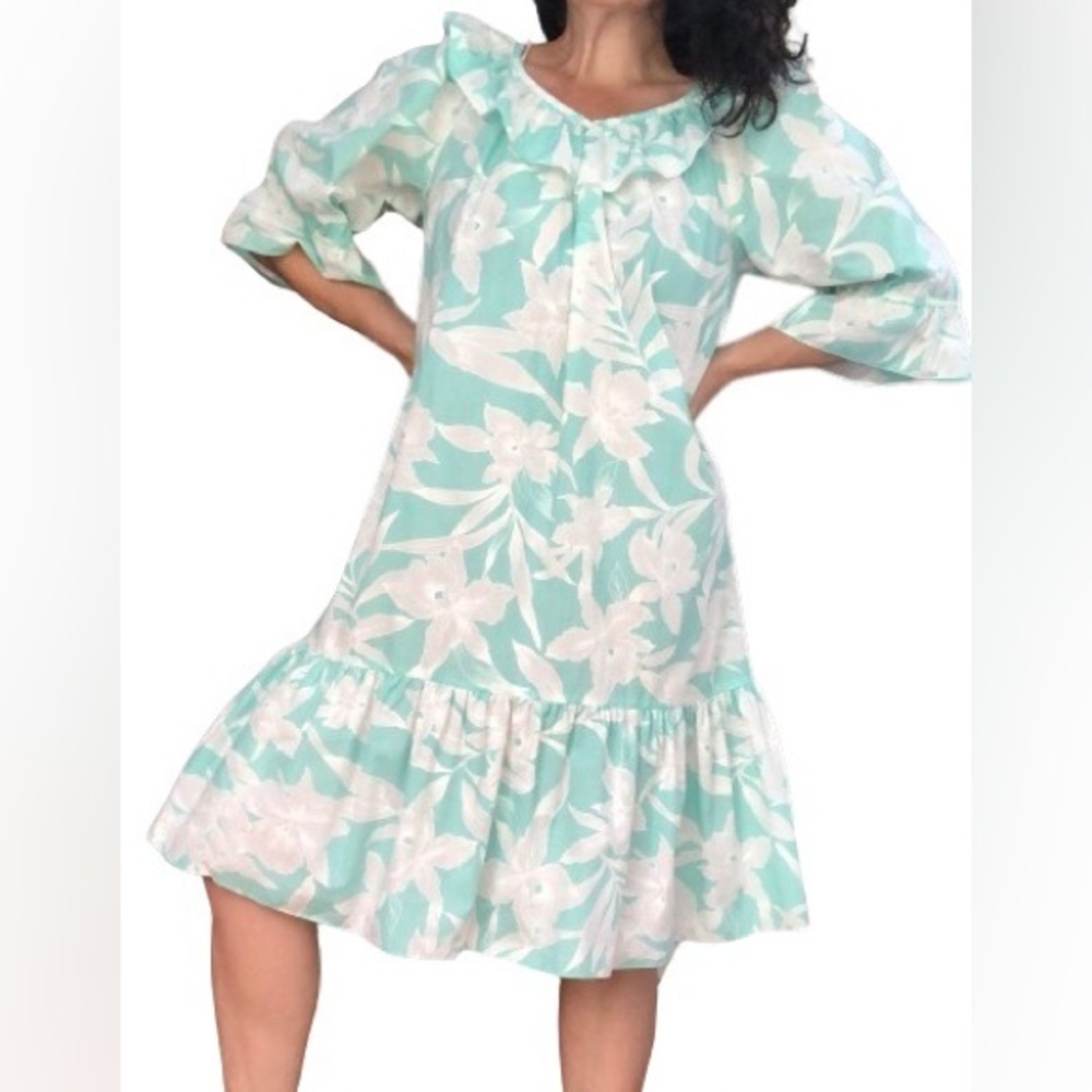 Vintage 80s Hilo Hattie Mint Aqua Floral Ruffle Hawaiian Dress Muumuu Cover Up